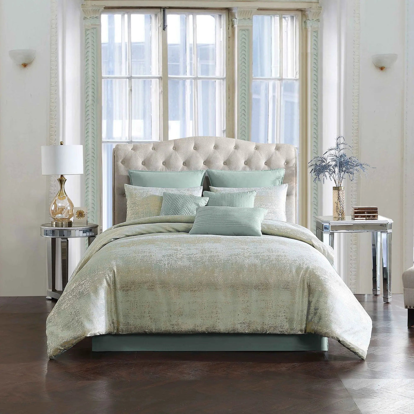 Vesta Gold Satin Circle-Quilted 7-Piece Comforter Set by HouseOfZazla