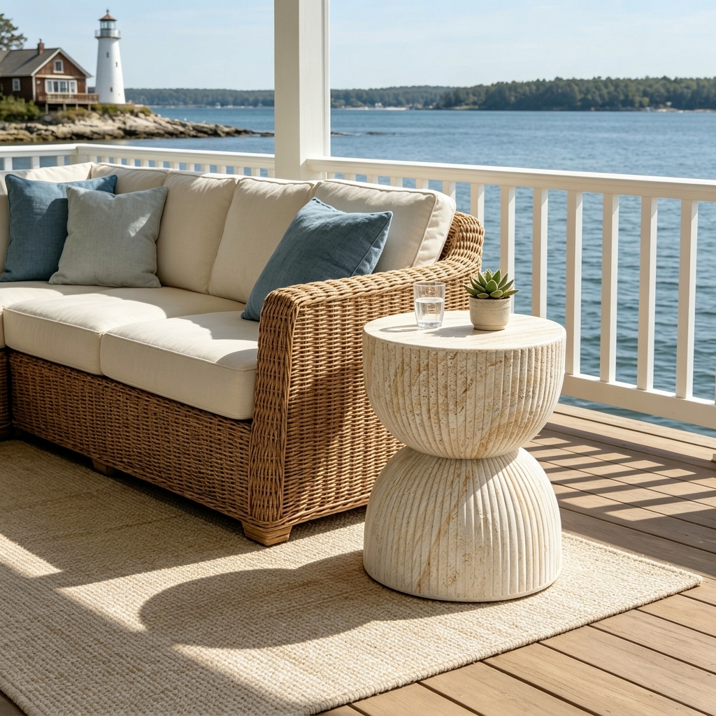 U_Style 17.13"H Outdoor concrete side table, hourglass-shaped decorative table, faux-marble finish patio/garden stool or coffee table, no assembly required, ribbed design.