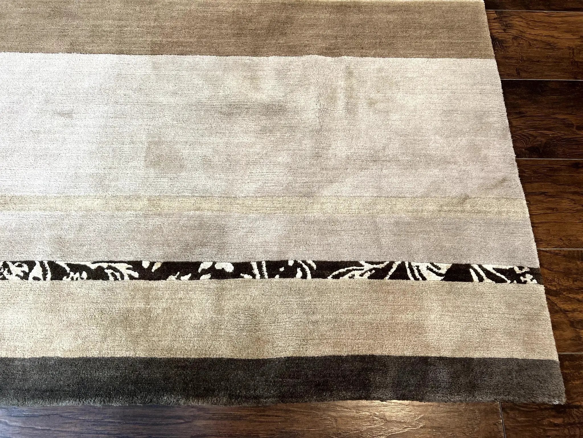 Modern Tibetan Nepali Rug 8x12, Stripe Pattern, Wool with Silk Highlights, Handmade, Beige Tan Brown by Jewel Rugs