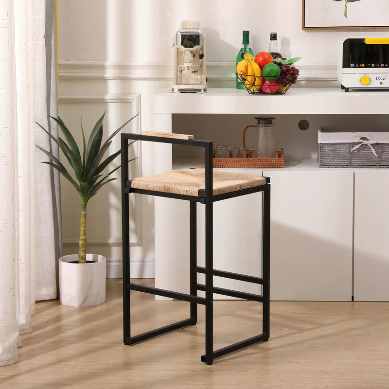 Stylish (Set of 2) Bar Stools With Backrest And Paper Rope Woven Seat, Counter Height Dining Chairs For Kitchen - Natural by HouseOfZazla