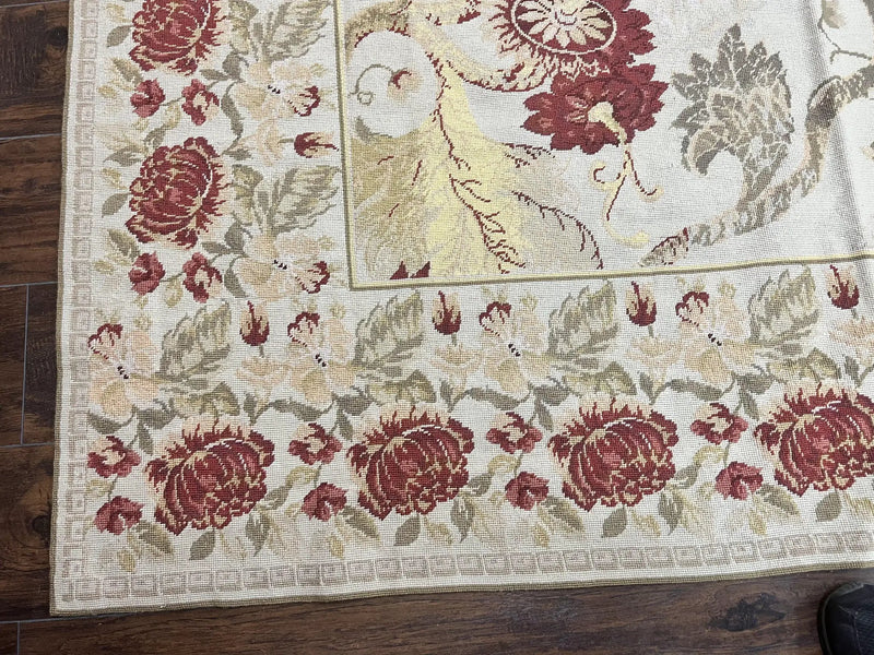 Extra Large Needlepoint Rug 14 x 20, Vintage Handwoven Handmade Wool Flatweave Carpet, Allover Floral Pattern, Elegant European Deisgn Rug by Jewel Rugs