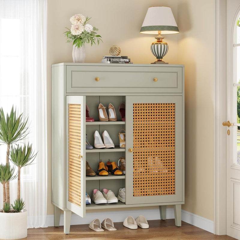 Shoe Cabinet With Rattan Doors And Drawer, 4 Tier Storage Organizer - Mint Green by HouseOfZazla