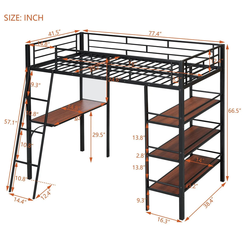 Loft Metal Bed With 3 Layers Of Shelves And Desk, Stylish Metal Frame Bed With board by HouseOfZazla