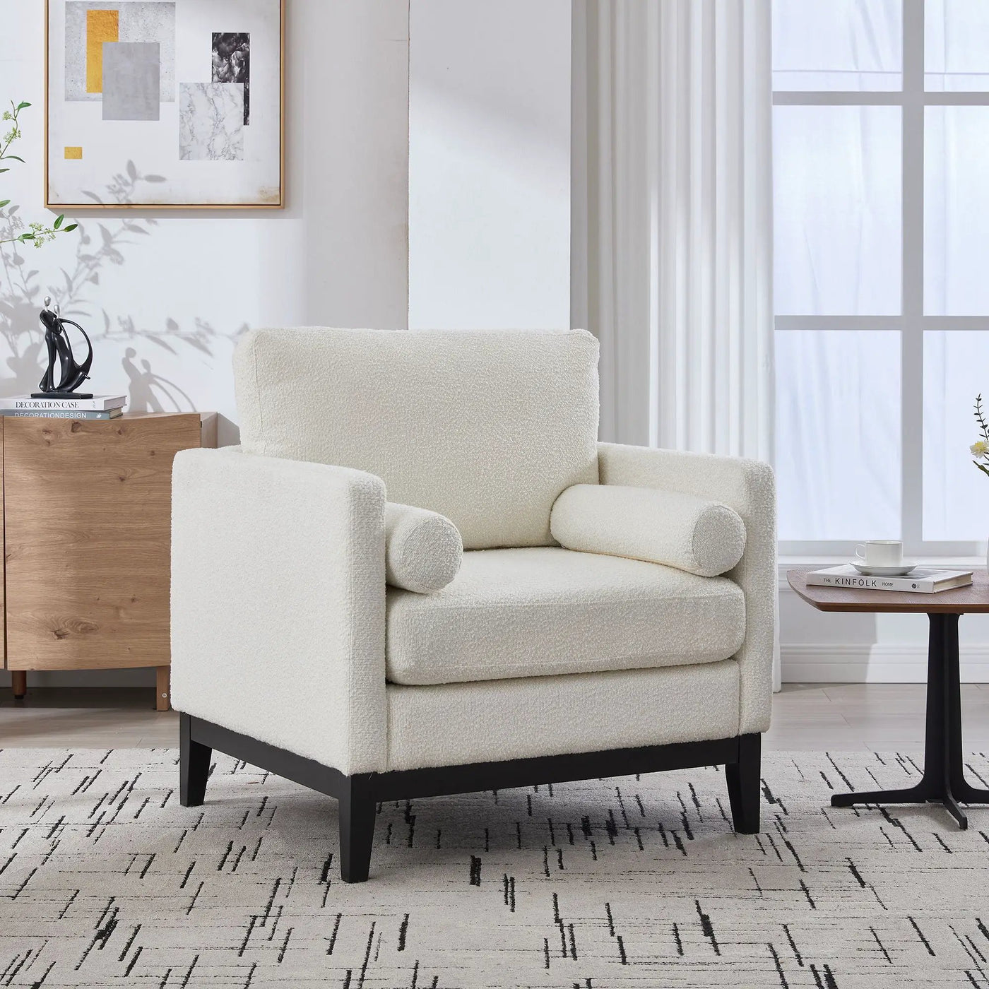 Wide Modern Farmhouse Performance Accent Chair With Legs, Wood Base by HouseOfZazla