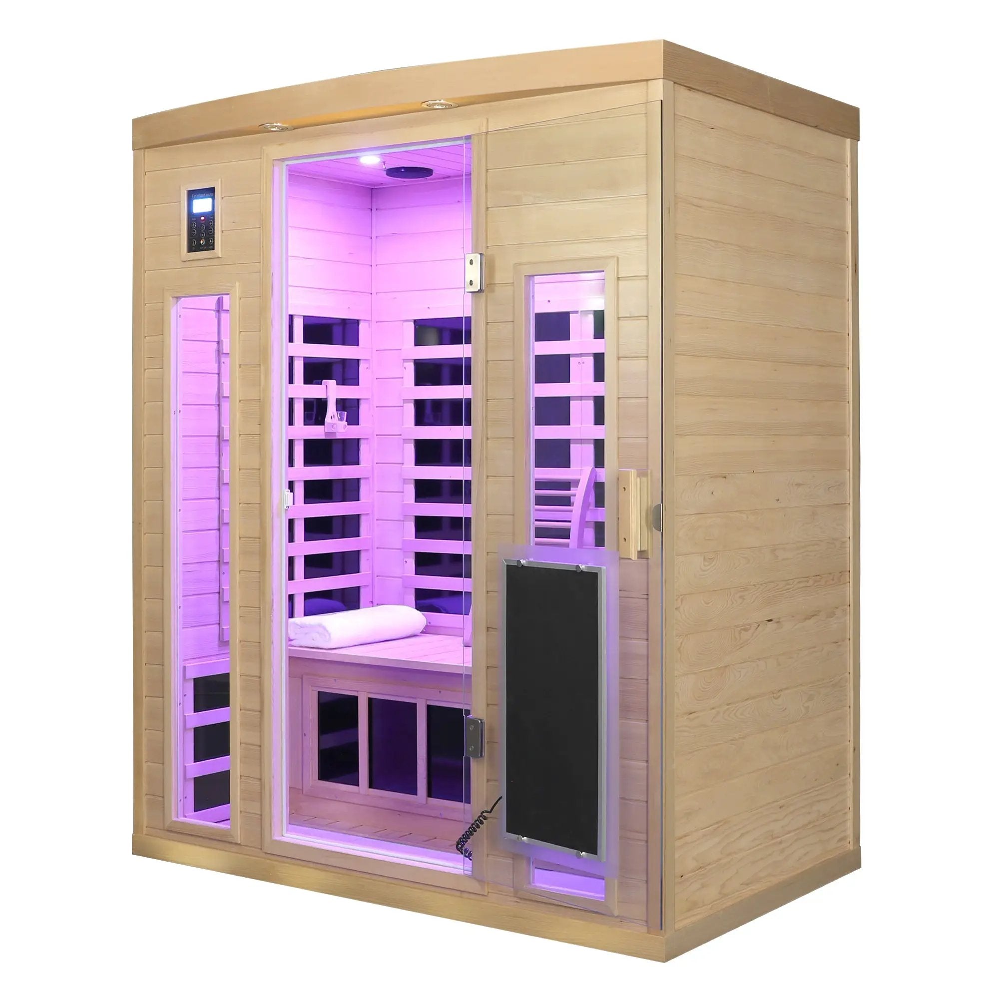 Low EMF, There is also a heating plate on the glass door, Hemlock wood Far-infrared indoor Three person sauna room by HouseOfZazla