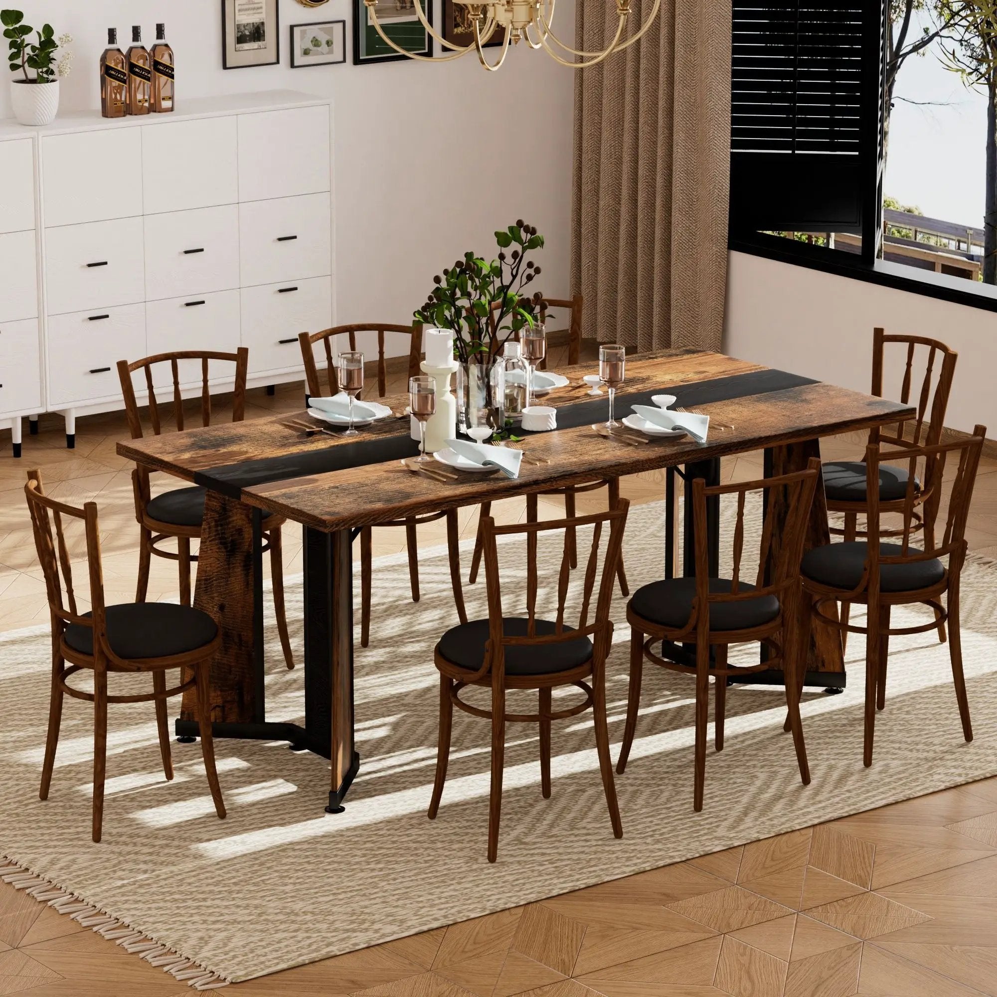 Rustic Rectangular Large Dining Table, Waterproof Desk For 8 People, & Steel With Adjustable Legs - Black / Rustic Brown by Unique Piece Furniture