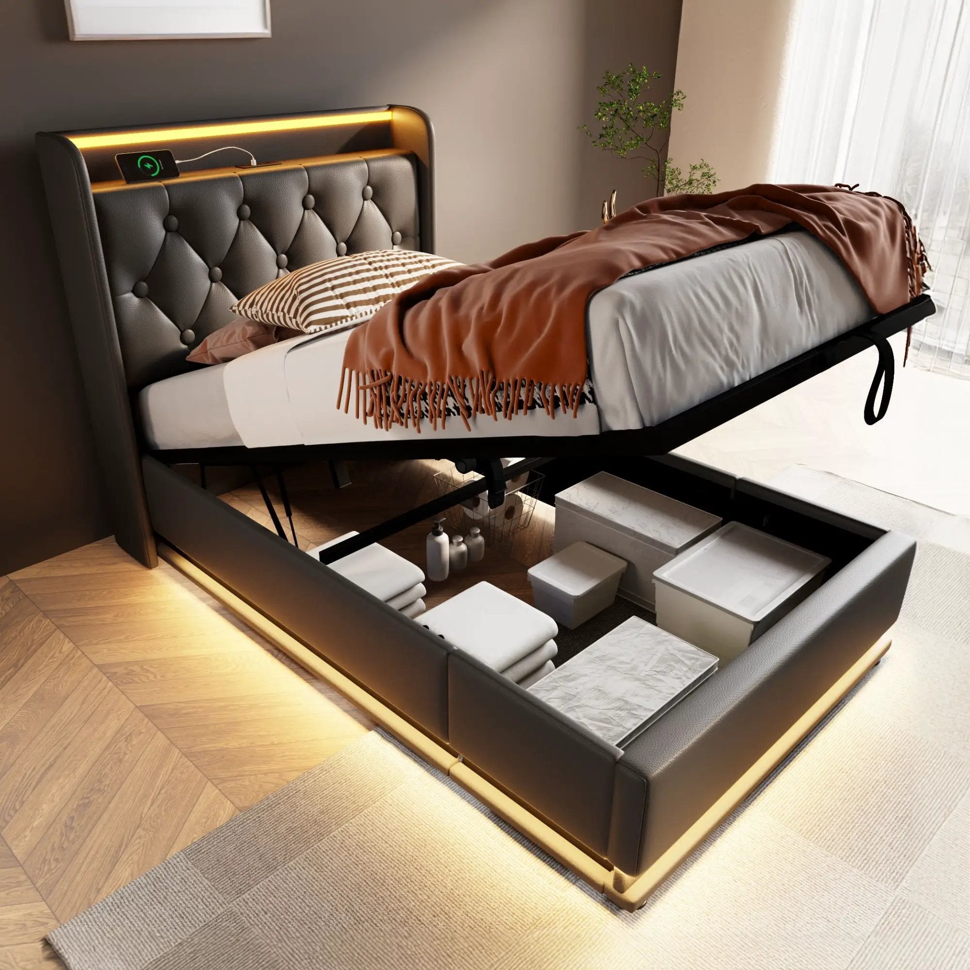 Upholstered Bed, 360 Surround LED Function, Remote Control, Hydraulic Storage Bed With USB, Type-C Charging (Without Mattress) by HouseOfZazla