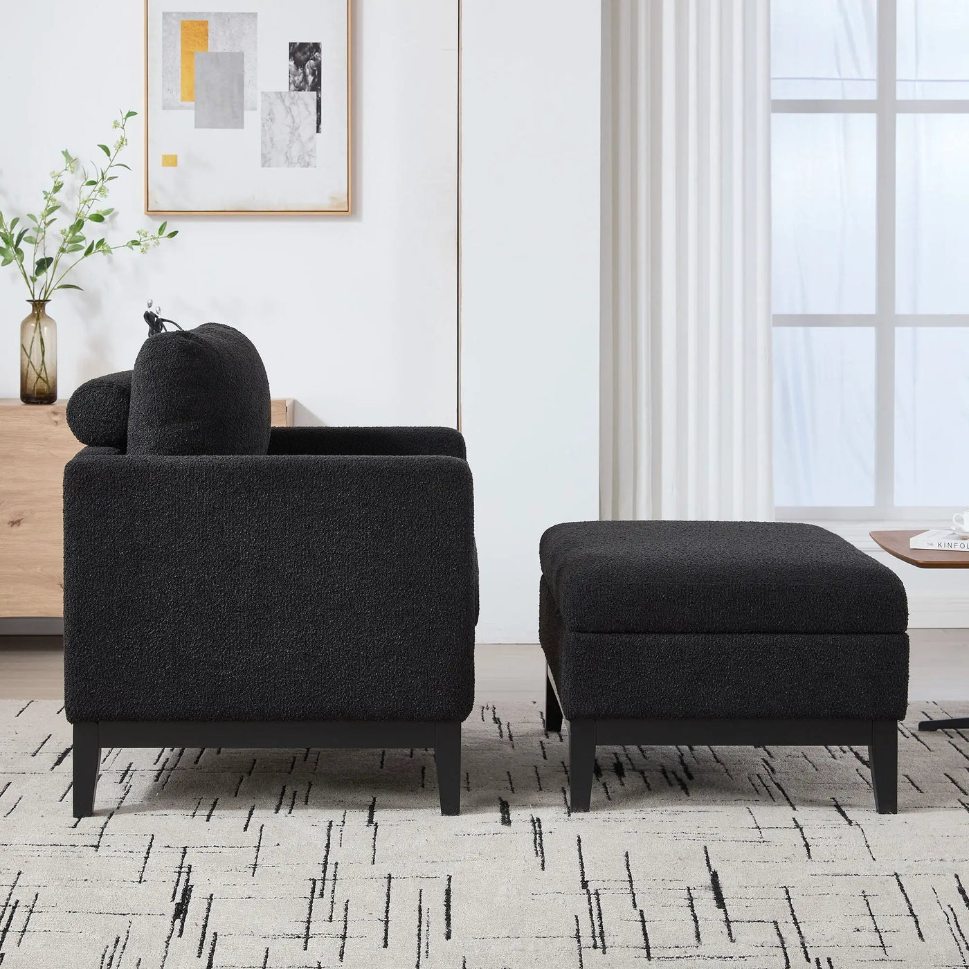 Farmhouse Upholstered Accent Chair With Ottoman, Reversible Lid Coffee Table by Unique Piece Furniture