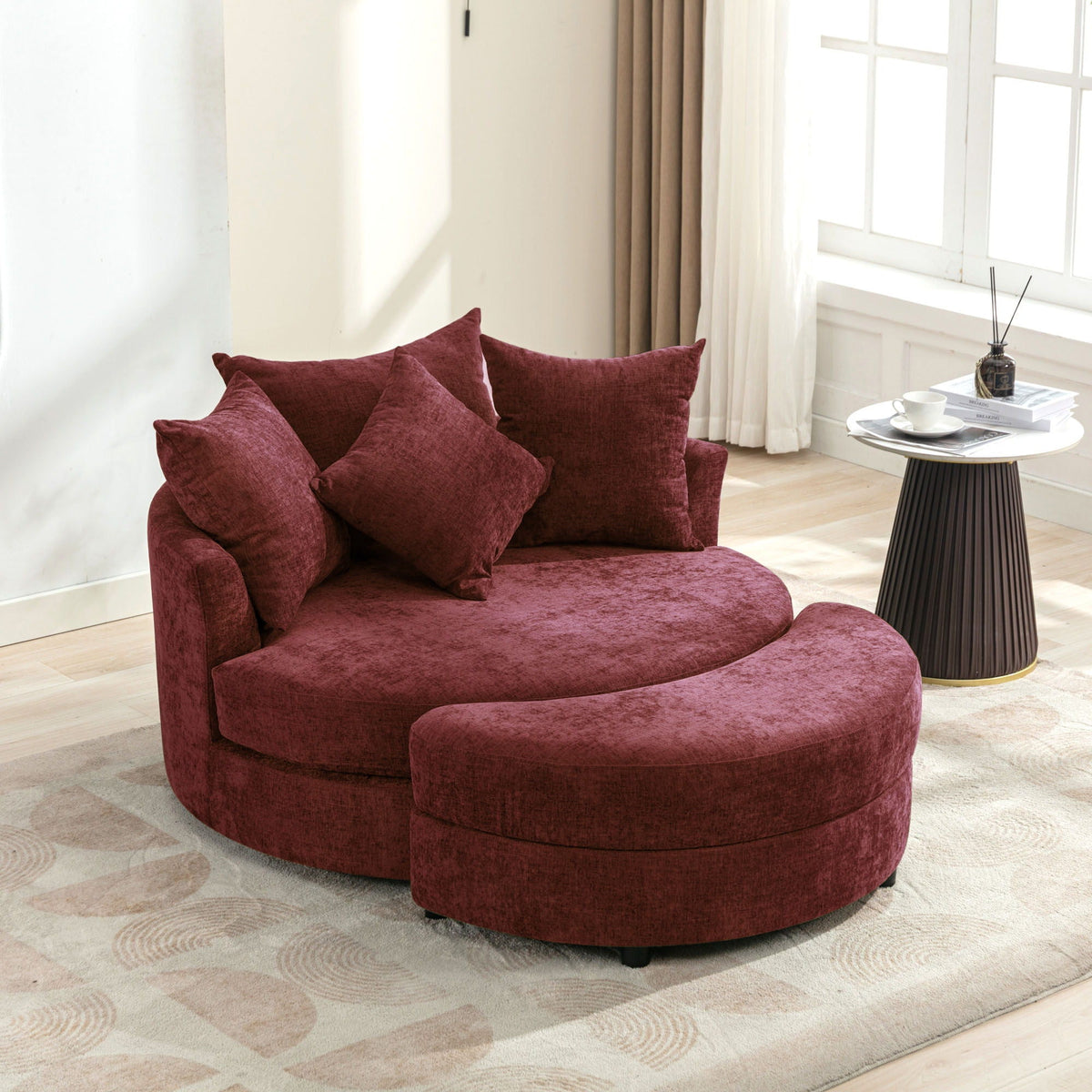 360° Swivel Accent Barrel Chair With Storage Ottoman & 4 Pillows, Modern Leisure Chair Round Accent For Living Room, photo 26 of 31