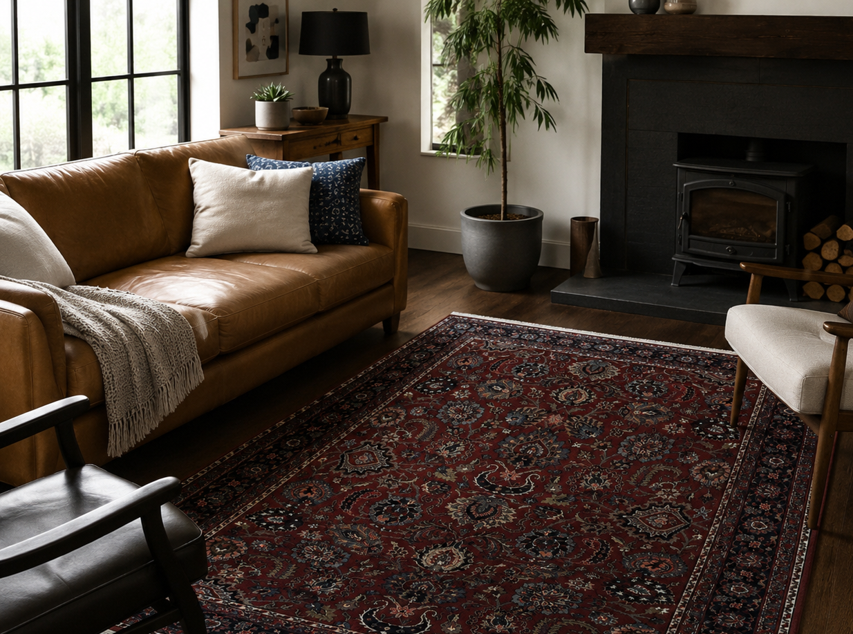 Indo Persian Rug 5x7, Vintage Traditional Floral Carpet, Burgundy and Navy Blue by Jewel Rugs