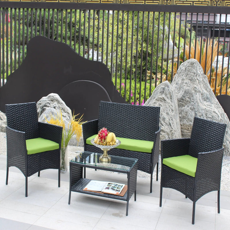 4 PC Rattan Patio Furniture Set Outdoor Cushioned Wicker Sofa Green Cushion by HouseOfZazla