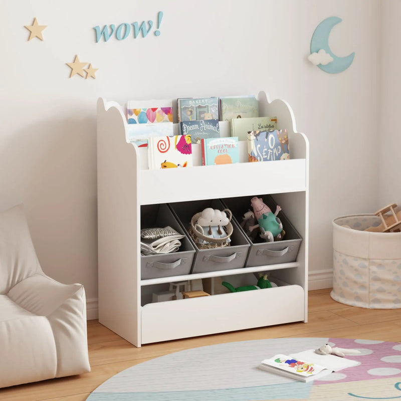 Bookshelf With Storage Bins And Drawer, Multi Functional Book Organizer For Toddlers - White by Unique Piece Furniture