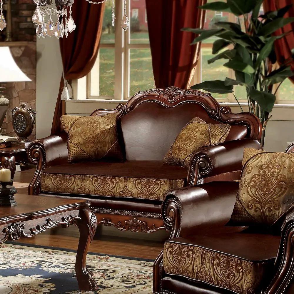 Dresden - Loveseat With 2 Pillows - Brown Synthetic Leather & Chenille, Cherry Oak by Unique Piece Furniture