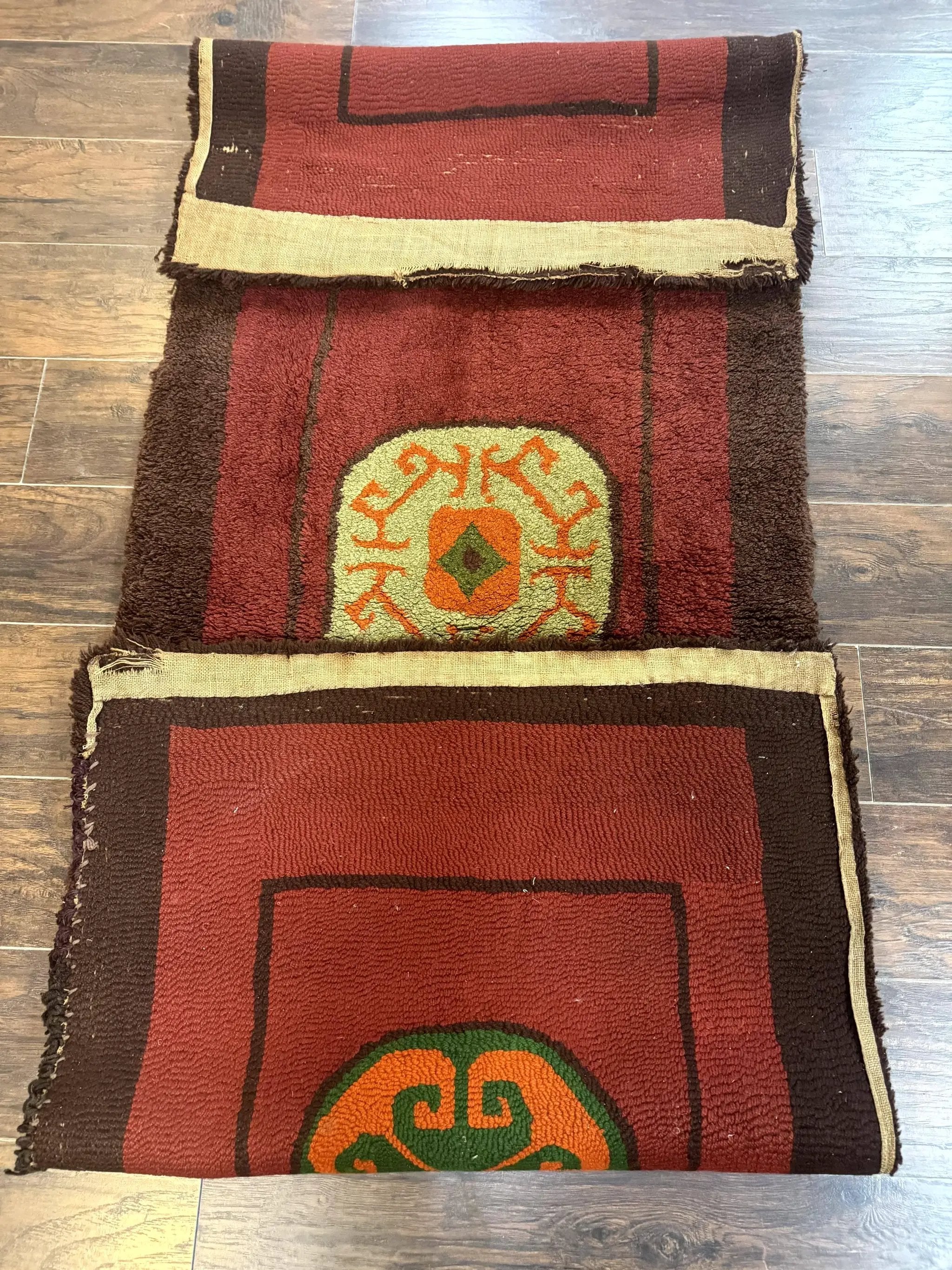 German Hooked Runner Rug 3x8, Vintage, Red, Wool by Jewel Rugs