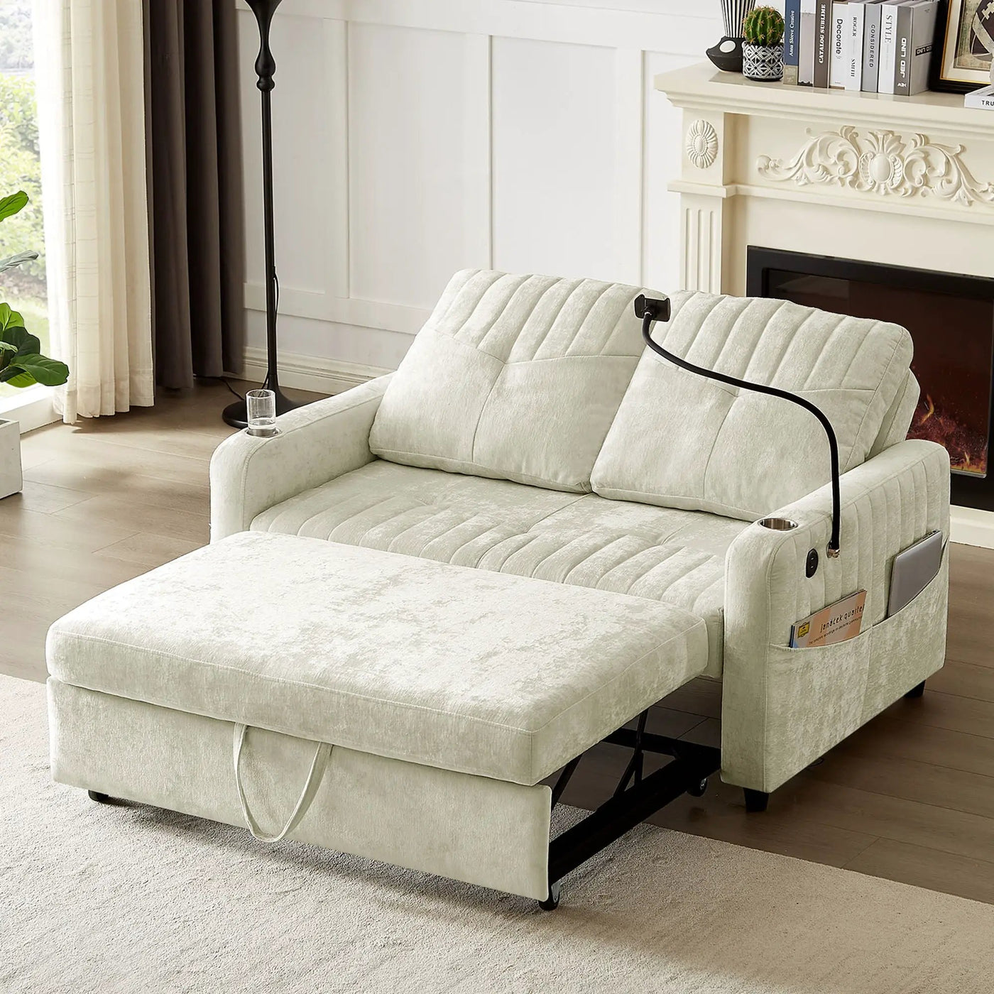 Modern Loveseat Pull Out Sofa Bed With Adjustable Backrest, Two Cup Holders, A Phone Holder, Three Charging Ports And Side Storage Pockets For Living Room by Unique Piece Furniture