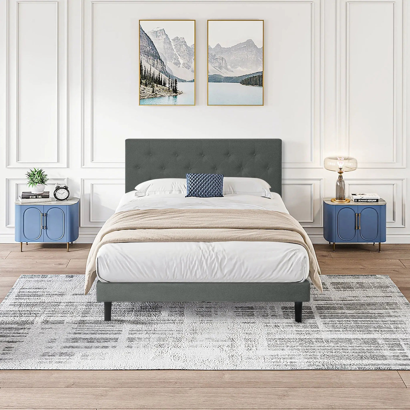 Modern Upholstered Platform Bed Frame With Button Tufted Fabric Headboard by HouseOfZazla
