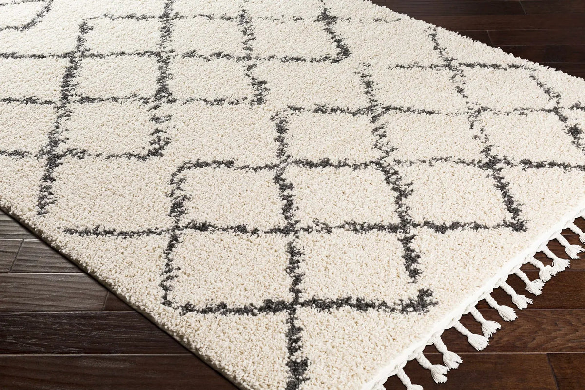 Wallagrass Beige/Black Trellis Tassel Shag by Hauteloom