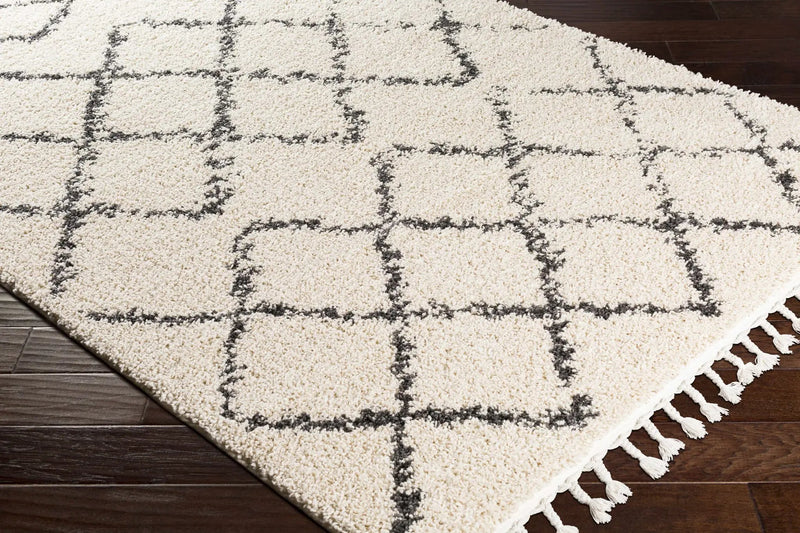 Wallagrass Beige/Black Trellis Tassel Shag by Hauteloom