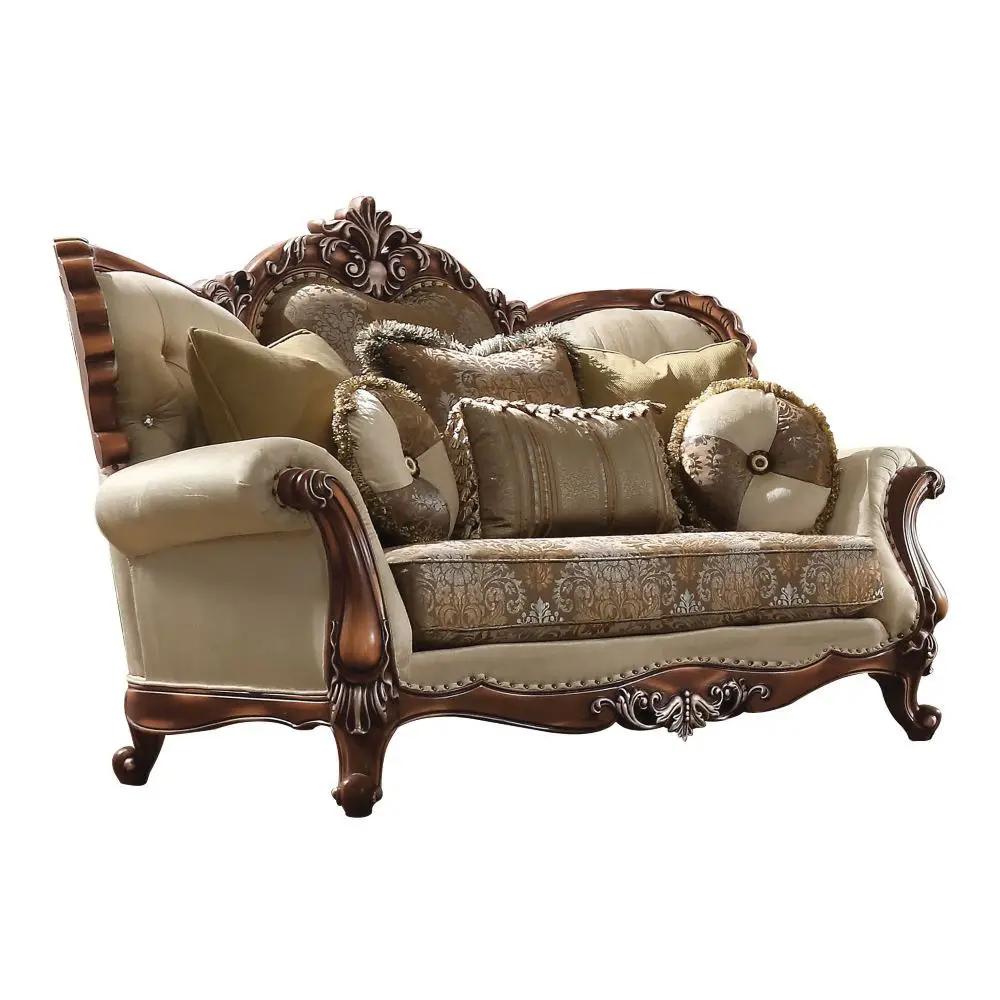 Latisha - Loveseat With 6 Pillows (Same Lv01577) - Tan, Pattern Fabric & Antique Oak by Unique Piece Furniture