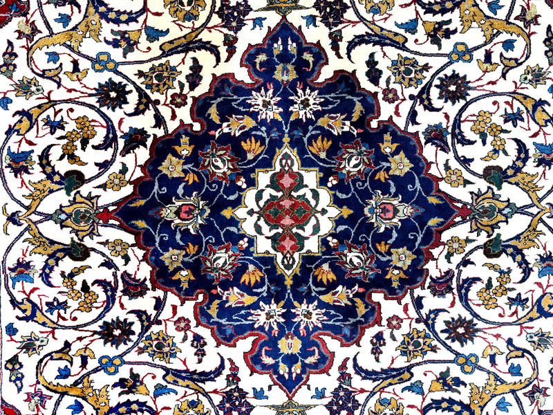 Wonderful Persian Isfahan Rug 7x9, Ivory Navy Blue Red, Floral Medallion, Very Finely Hand Knotted 260 KPSI, Handmade Wool Vintage Rug by Jewel Rugs