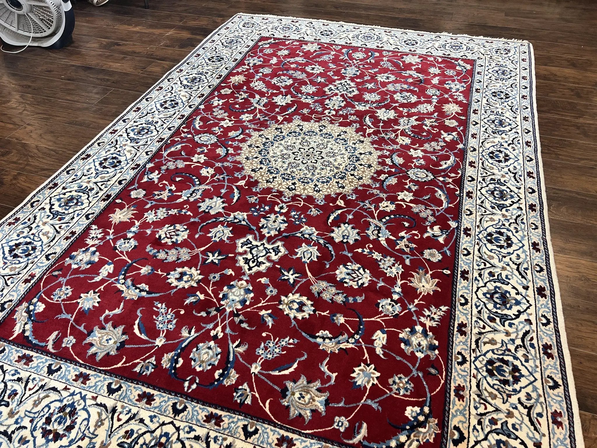 Persian Nain Rug 6x10, Wool and Silk Highlights, Red and Ivory, Floral Medallion, Vintage Handmade Hand Knotted, Fine 225 KPSI, Traditional Rug by Jewel Rugs
