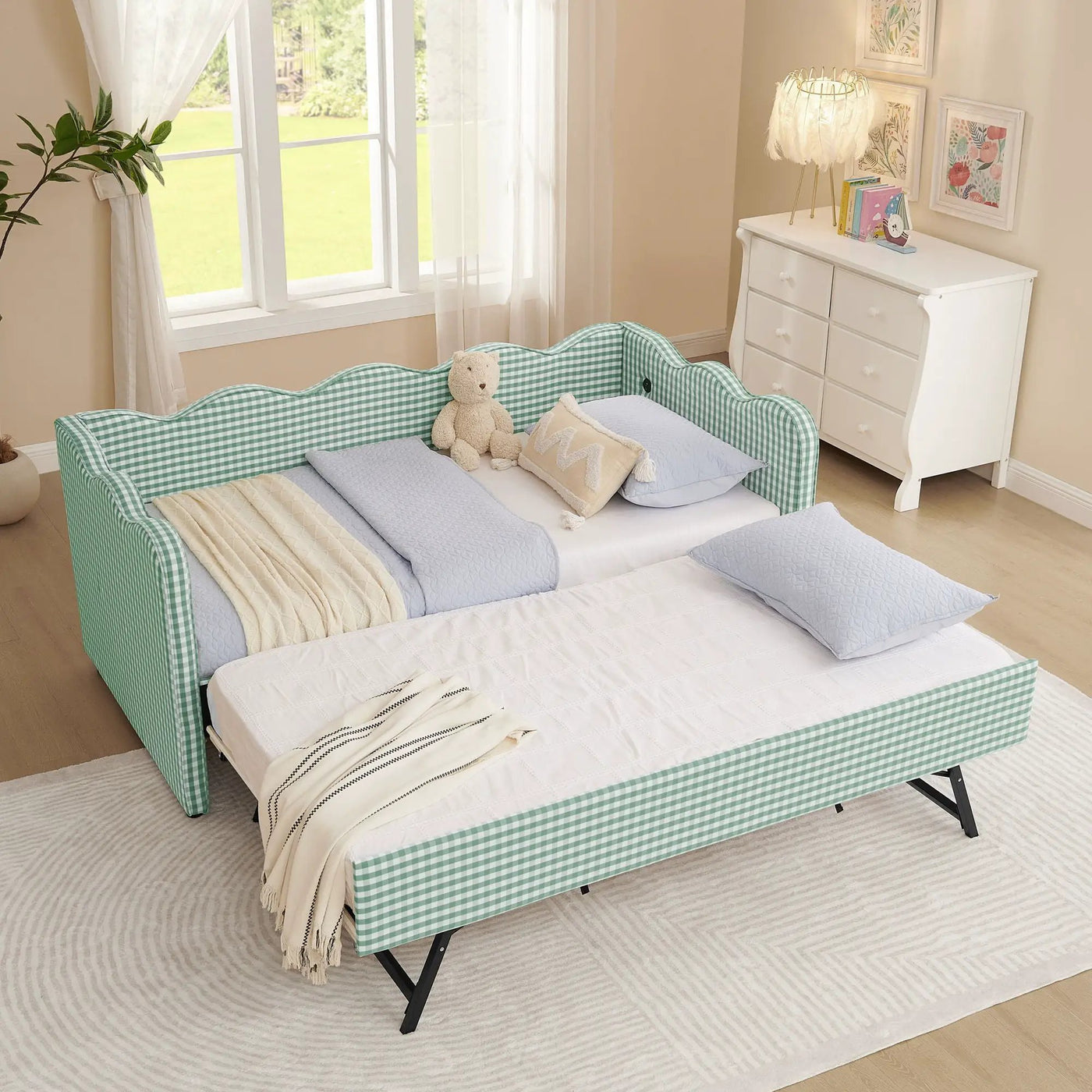 Gingham Daybed With USB Charging Port, Wave Shaped Design by HouseOfZazla