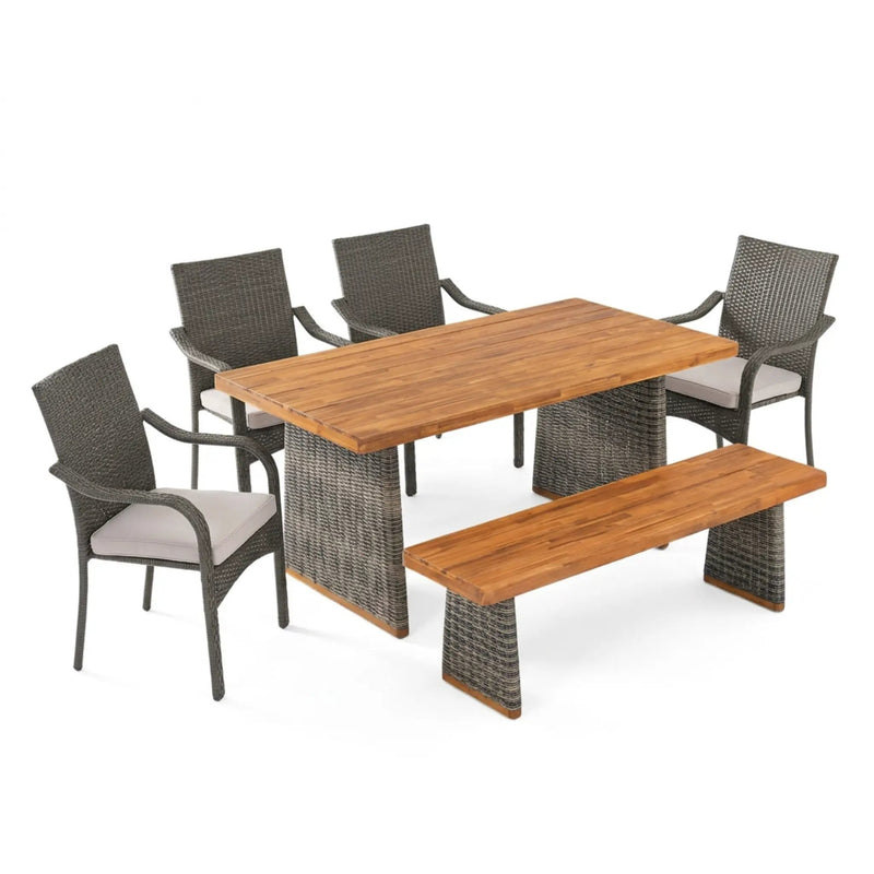 6 Pcs Outdoor Acacia Wood Dining Set with PE Rattan Stacking Chair by HouseOfZazla
