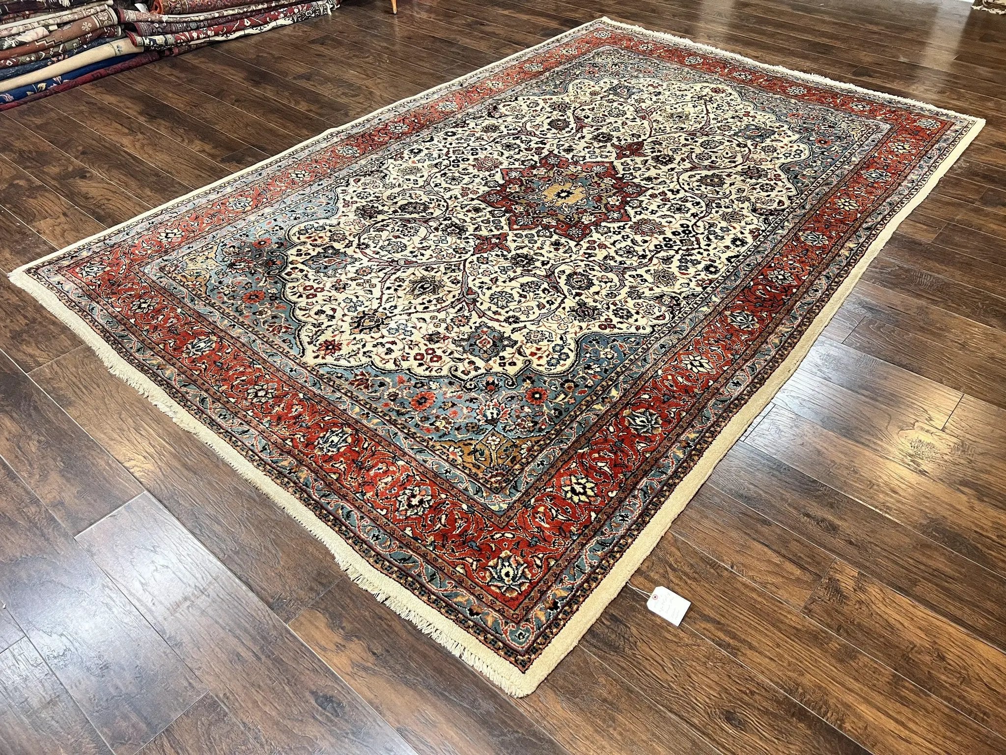 Persian Sarouk Rug 8x12, Wool Hand Knotted Antique Carpet, Floral Medallion, Cream Red, Traditional Oriental Rug by Jewel Rugs