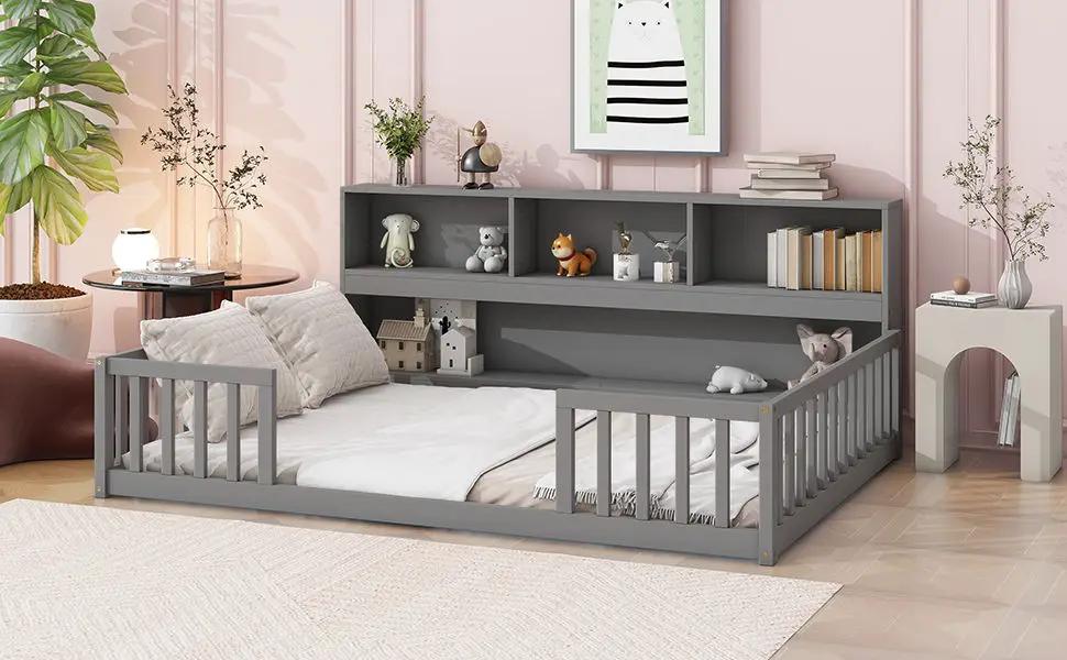 Floor Bed With Side Bookcase, Shelves, Guardrails by Unique Piece Furniture