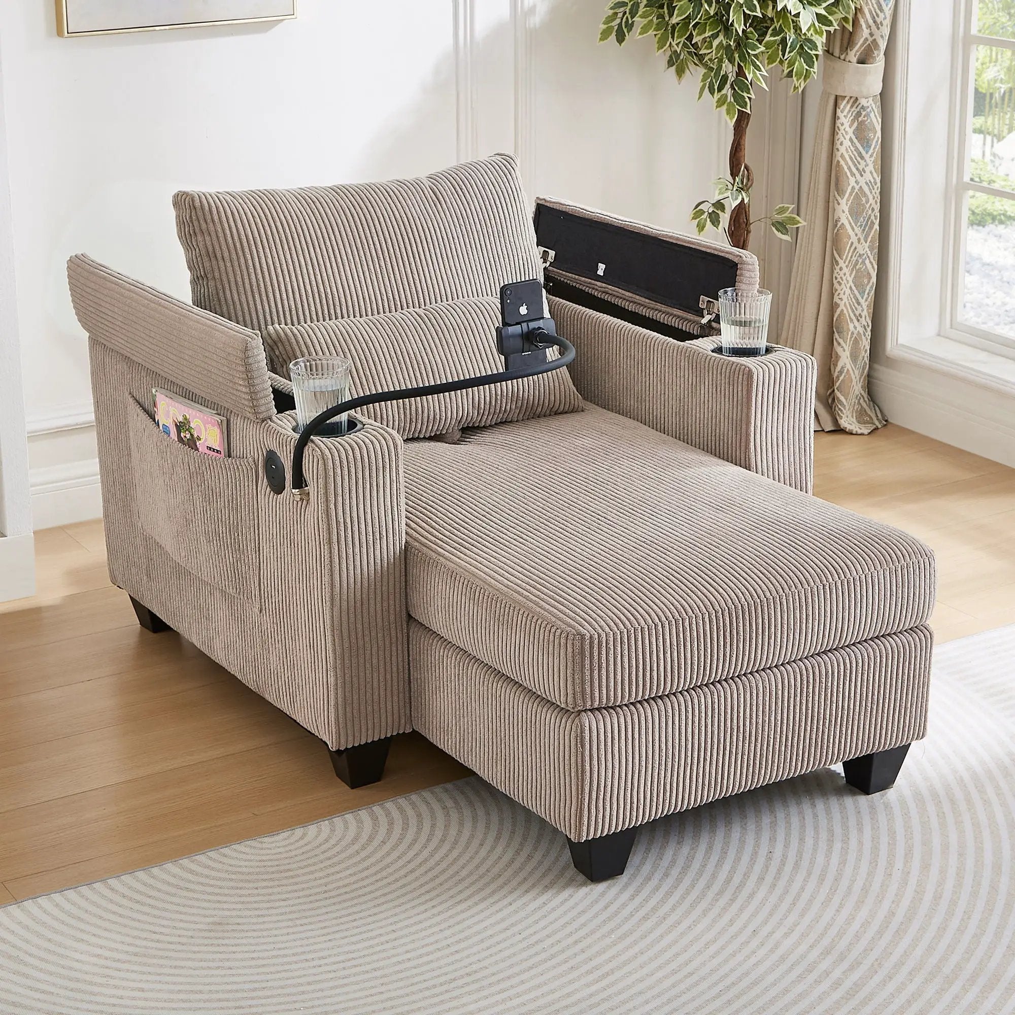 Convertible Chaise Lounge Sofa Chair With USB Ports, Cup Holders, Phone Holder And Storage by HouseOfZazla