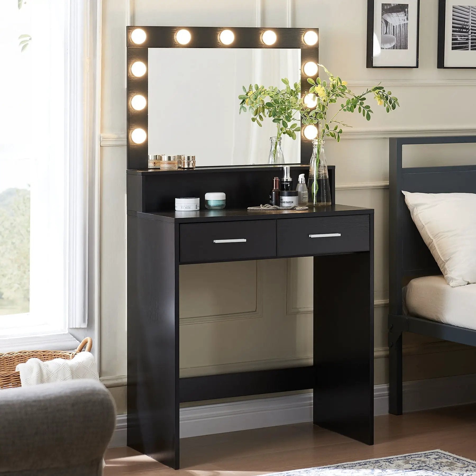 Vanity Desk With Mirror And Lights, Dressing Table With Large Drawer, 2 Level Storage Dresser & 3 Lighting Modes Adjustable Brightness, Suitable For Bedroom by HouseOfZazla