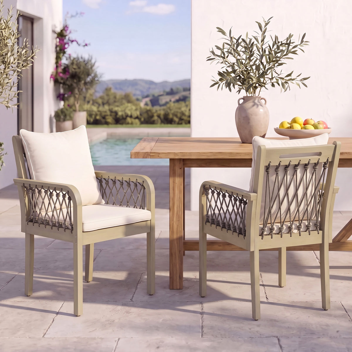 Acacia Wood Patio Chairs with Woven Rope Arms - Set of 2