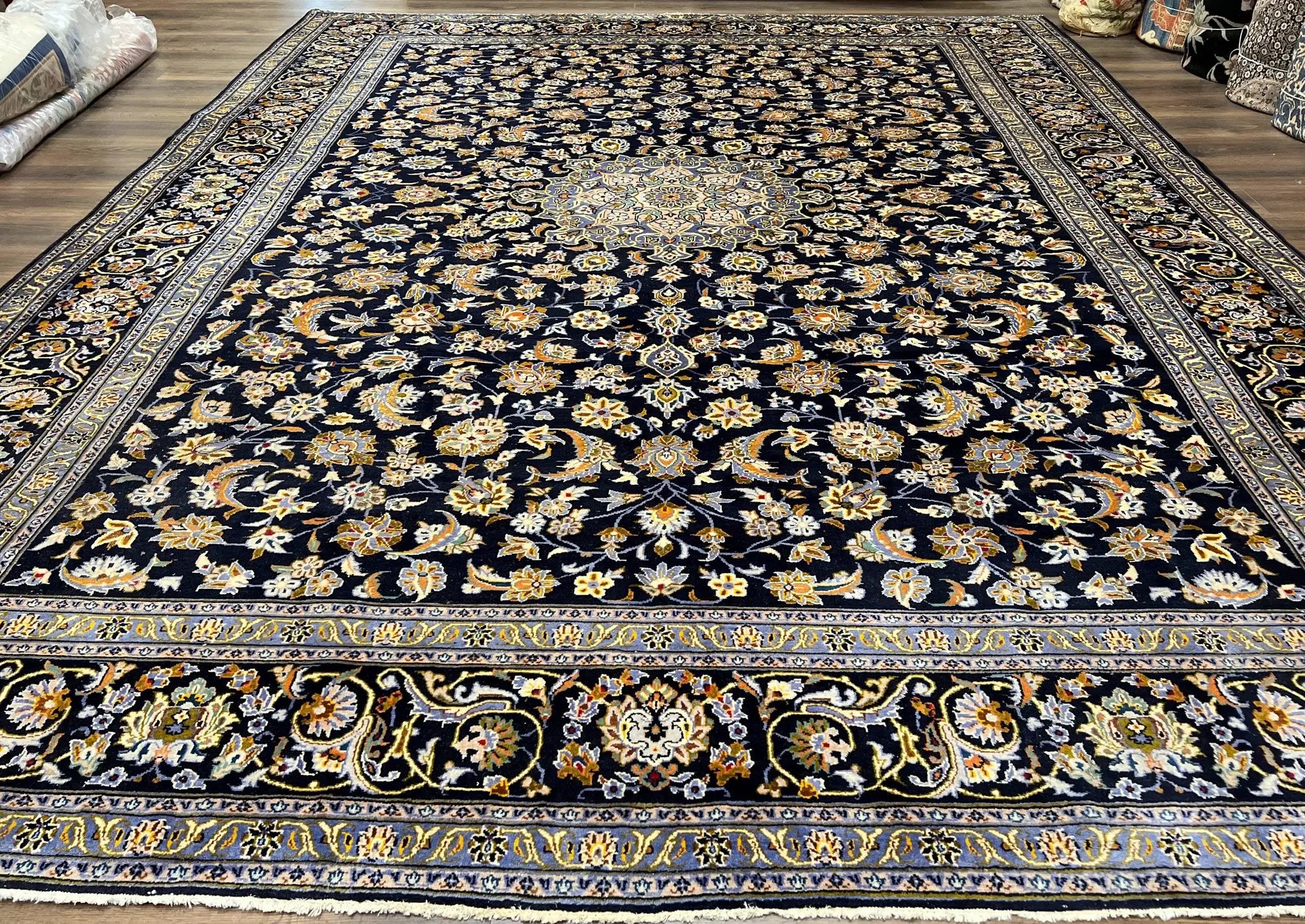 Wonderful Navy Blue Persian Kashan Rug 11x13, Allover Floral Design with Central Medallion, Wool Hand-Knotted Antique Carpet, Signed Rabani Rug by Jewel Rugs