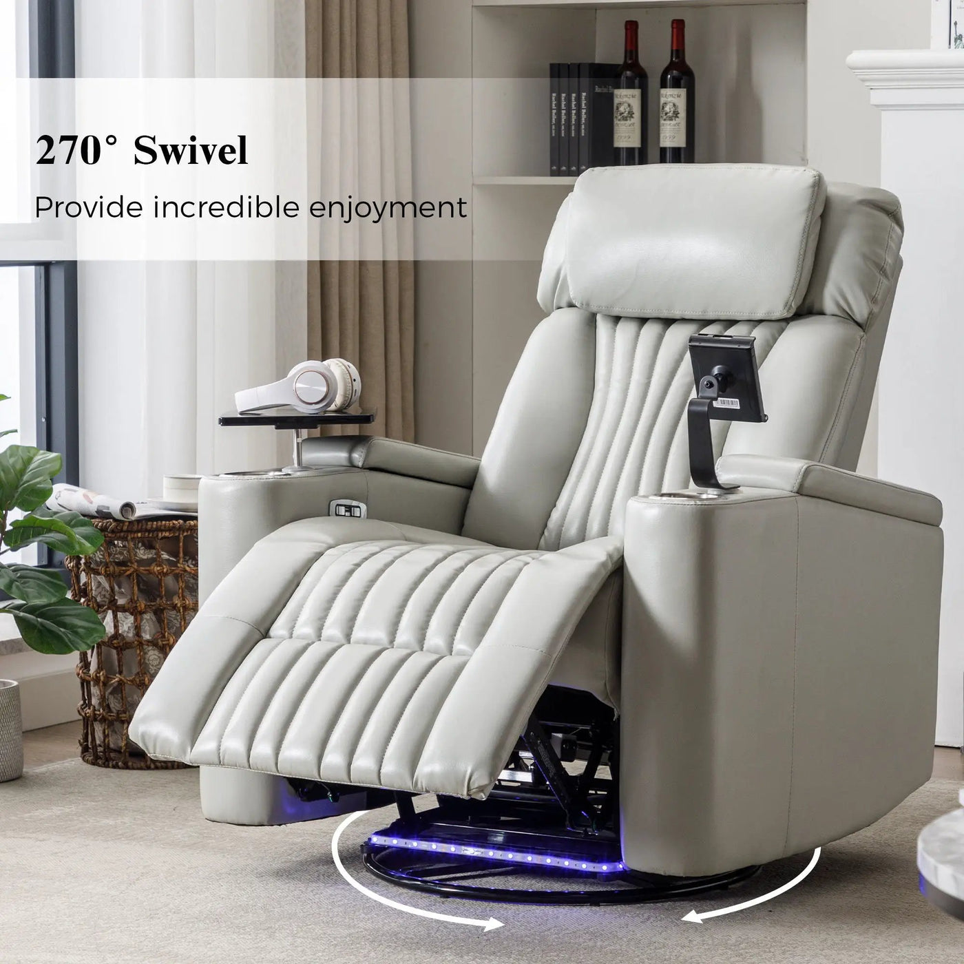 270° Power Swivel Recliner Home Theater Chair With Hidden Arm Storage, LED Light, Cup Holder, And Tray Table by Unique Piece Furniture