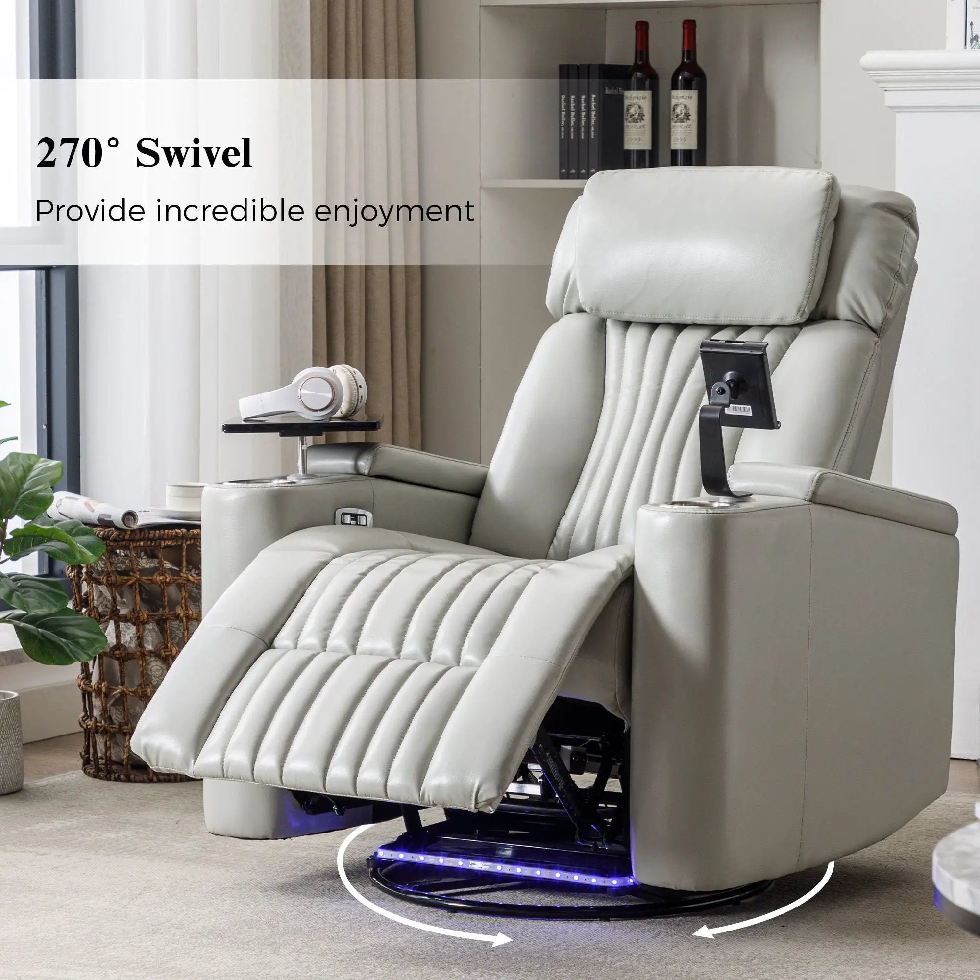 270° Power Swivel Recliner Home Theater Chair With Hidden Arm Storage, LED Light, Cup Holder, And Tray Table by HouseOfZazla
