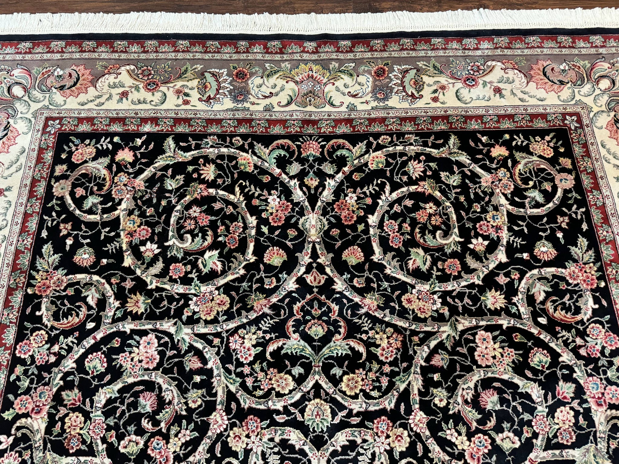 Black Pak Persian Rug 8x11, Floral Pattern, Hand Knotted Vintage Wool Rug with Silk Highlights, Fine 200 KPSI by Jewel Rugs