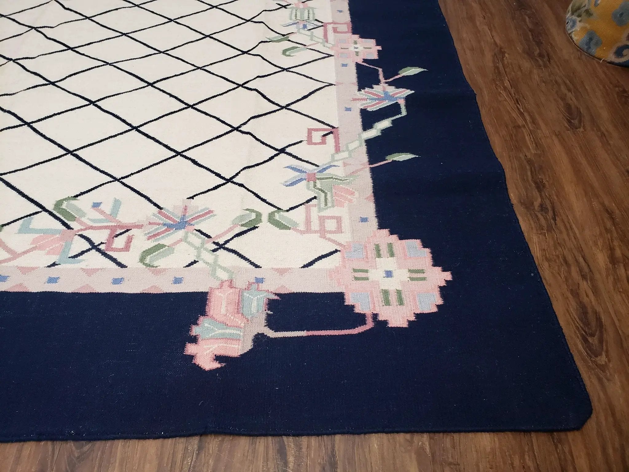 Vintage Dhurrie Rug, Indian Dhurrie 8x11 - 9x11, Wool Hand-Woven Ivory & Black Indo Carpet, Large Flat Weave Rug Living Room Rug Black White by Jewel Rugs