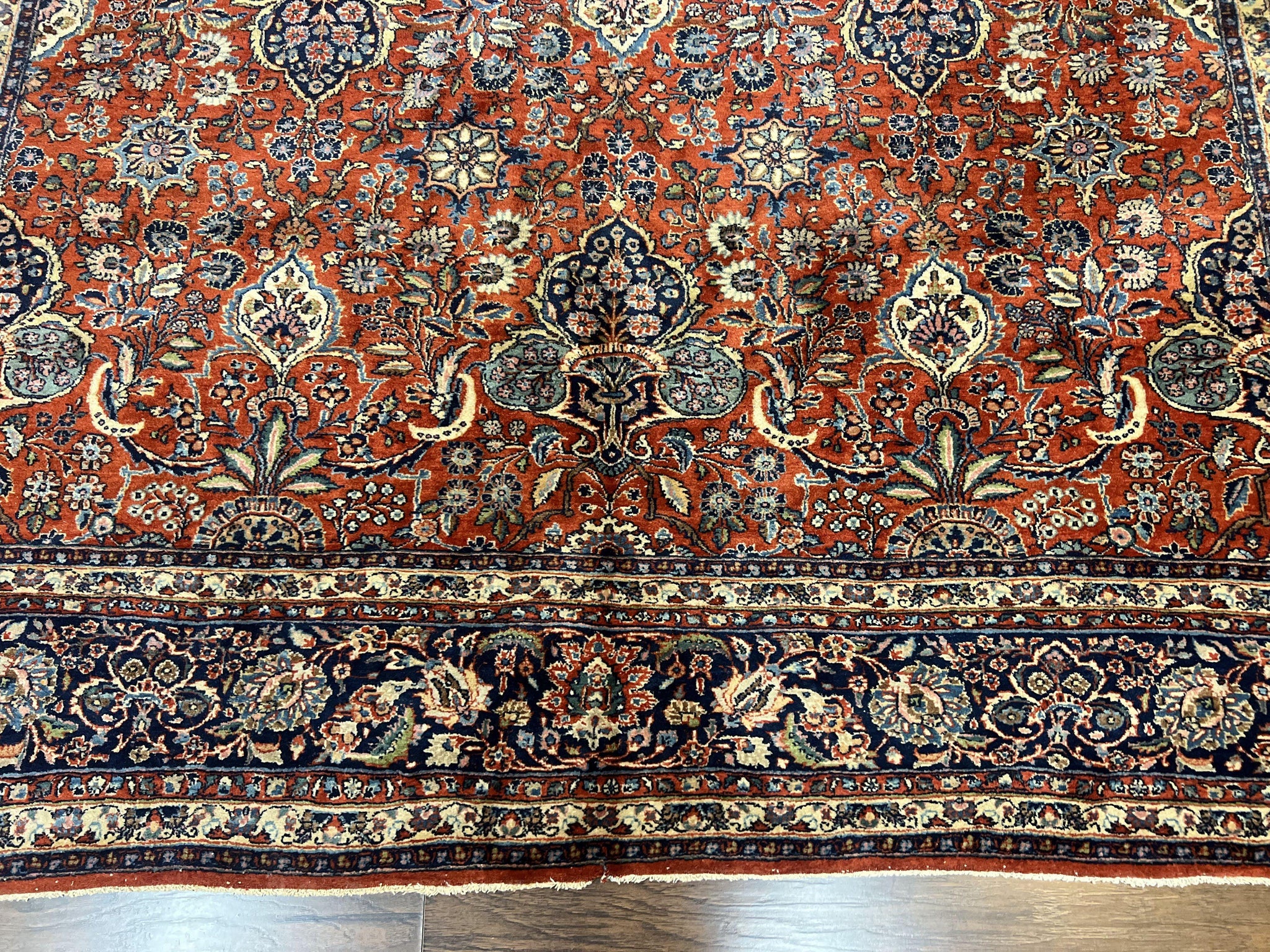 Persian Sarouk Rug 9x12, Red and Dark Blue Floral Allover Antique Persian Carpet, Handmade Wool Qazvin Rug by Jewel Rugs