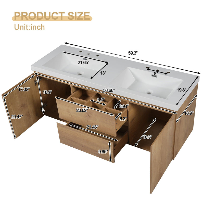 Double Sink Bathroom Vanity, Cabinet & Soft Close Doors, Divided Drawers, Wall Mounted Storage - Wood by HouseOfZazla
