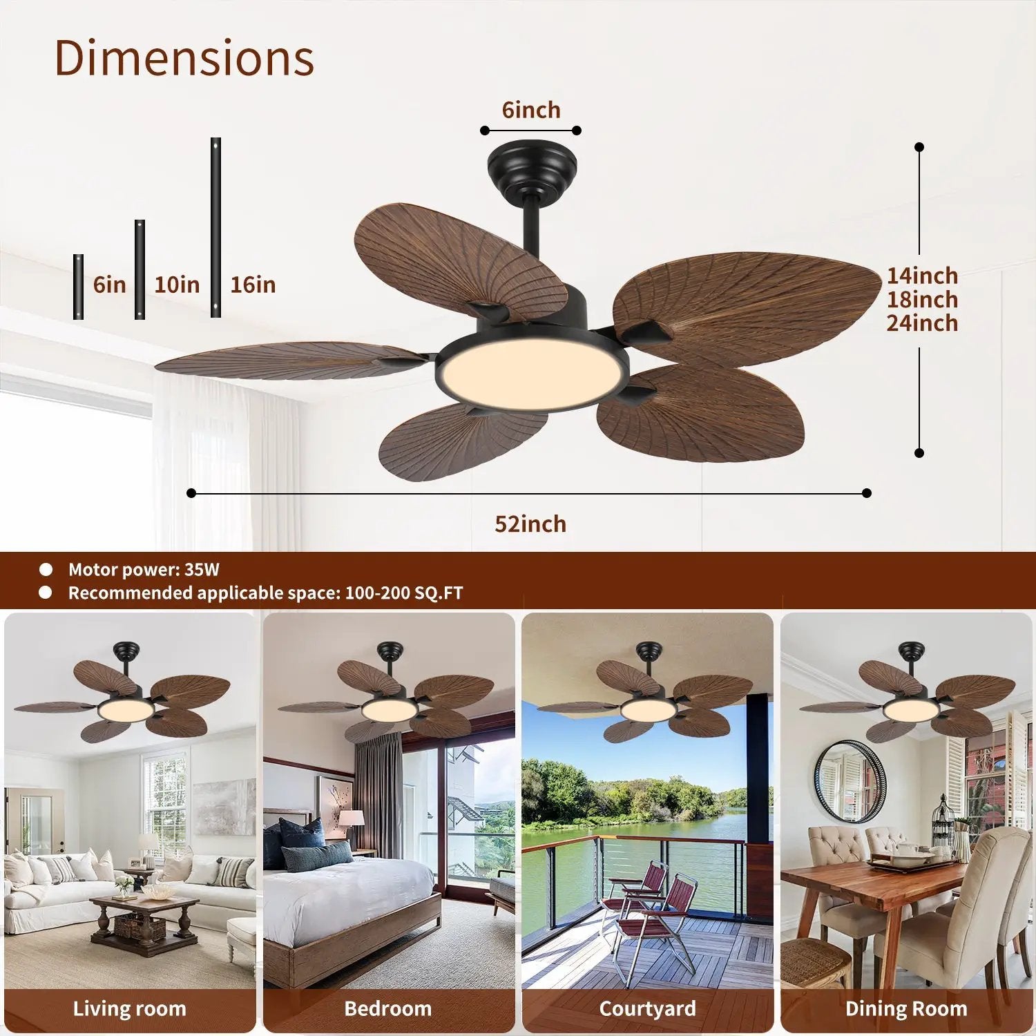 52-Inch Tropical Palm Leaf Ceiling Fan with Lights & Remote Control by HouseOfZazla