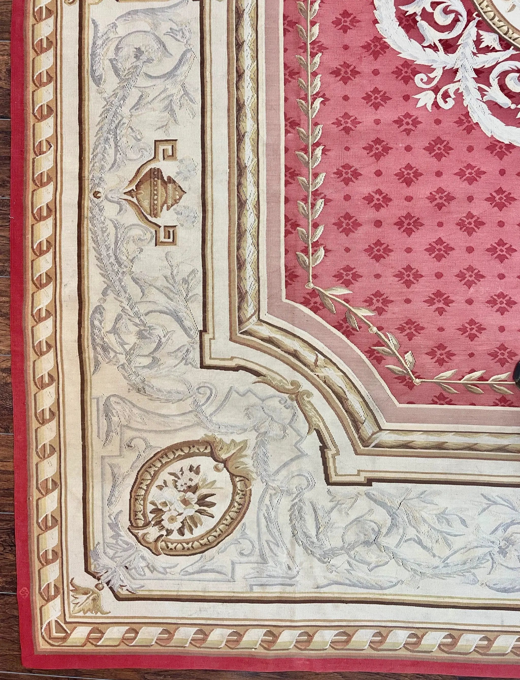 Aubusson Rug 9x12 ft, Red and Ivory Elegant Aubusson Carpet, Flatweave, Vintage Wool Handmade Area Rug 9 x 12, French European Design by Jewel Rugs