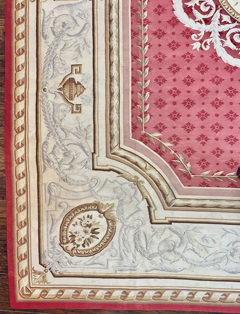 Aubusson Rug 9x12 ft, Red and Ivory Elegant Aubusson Carpet, Flatweave, Vintage Wool Handmade Area Rug 9 x 12, French European Design by Jewel Rugs