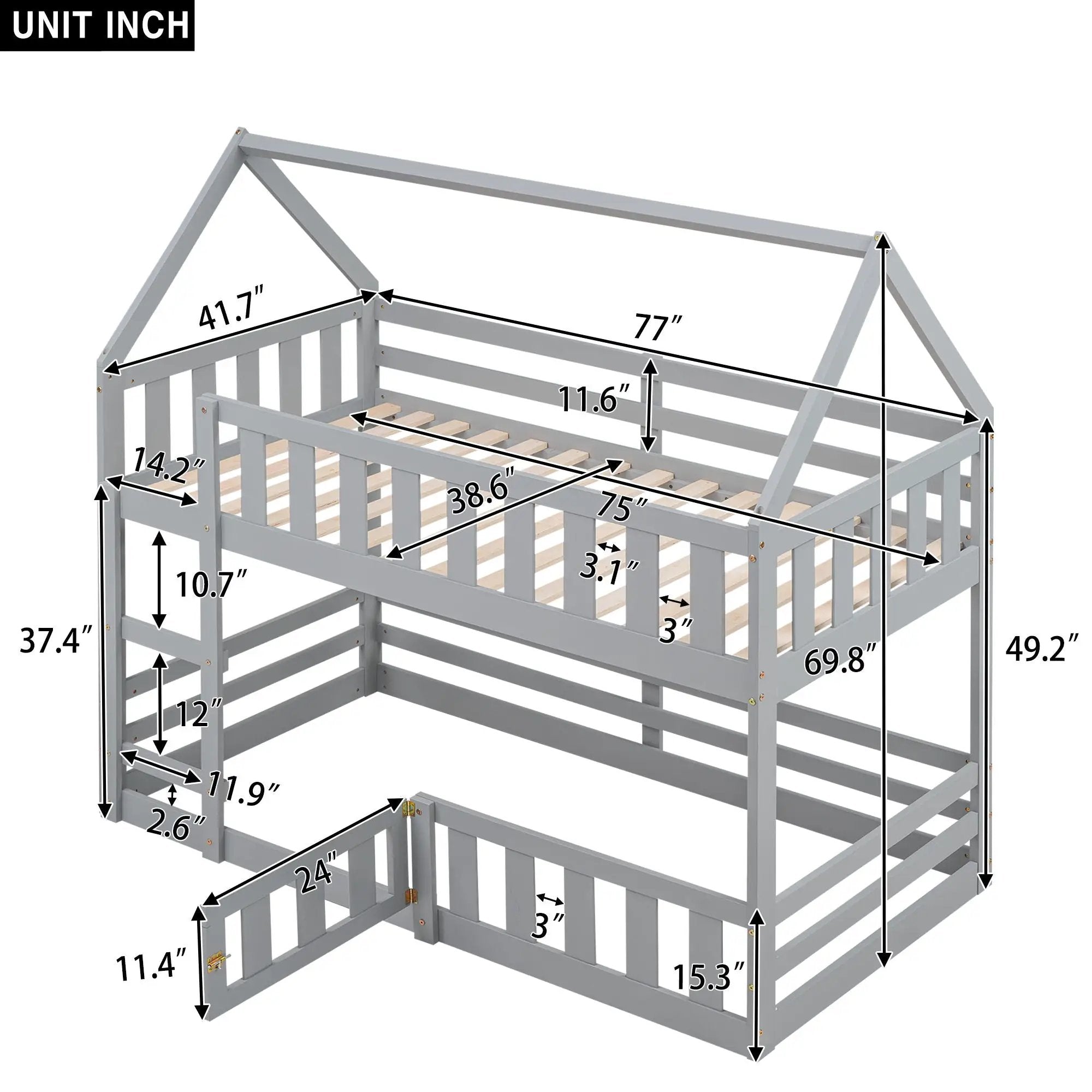 Twin Over Twin House Bunk Bed With Fence And Door by HouseOfZazla