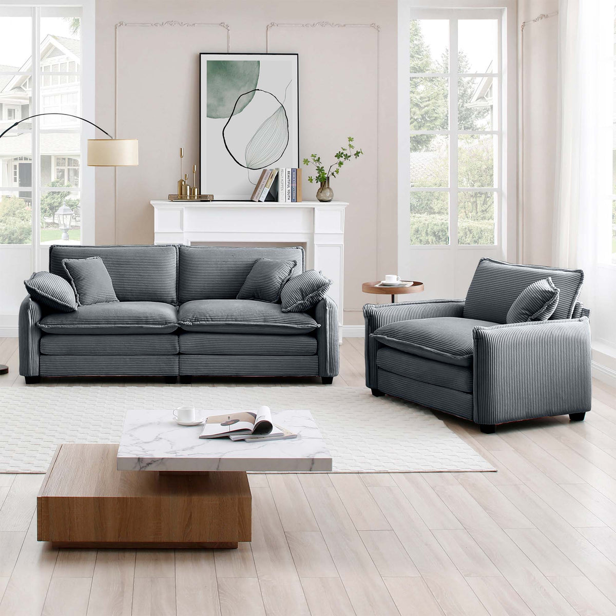 Modern Corduroy Sofa Set with Two Pieces - Grey or Green, photo 3 of 10