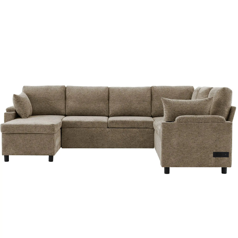 U-Shaped Sectional Sofa Bed With Storage, Charging Ports, And Cup Holders - Brown by Unique Piece Furniture