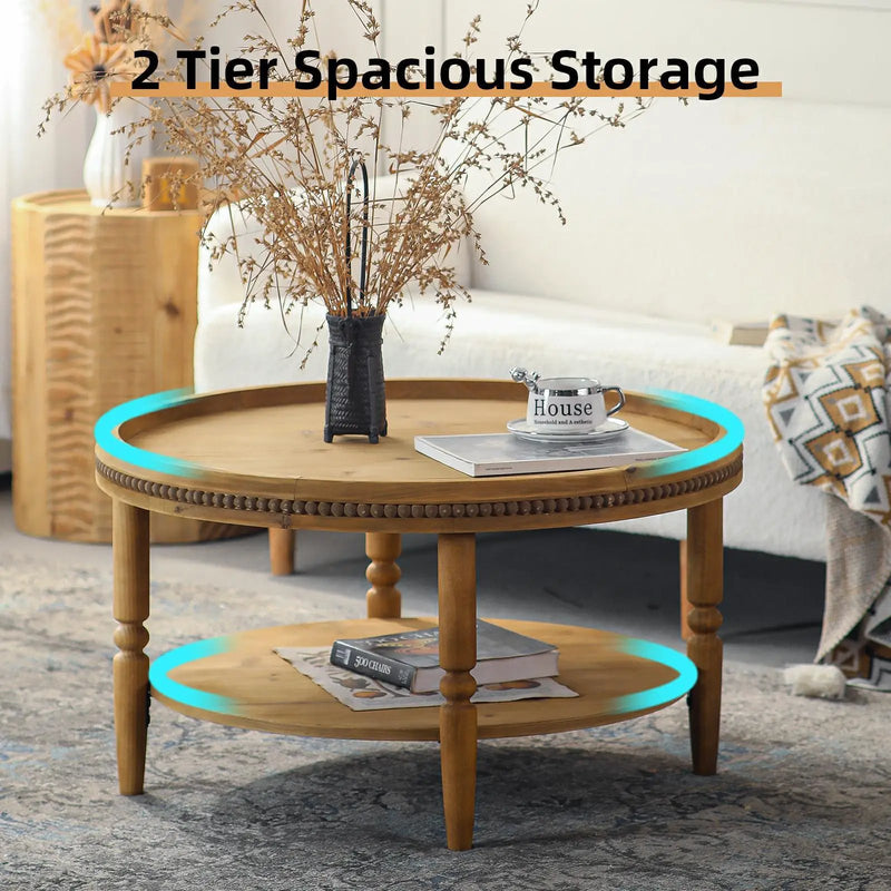 31.3' Round Boho Coffee Table with Storage Shelf by HouseOfZazla