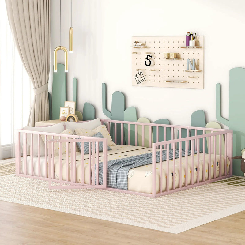 Metal Floor Bed Frame With Fence And Door by HouseOfZazla