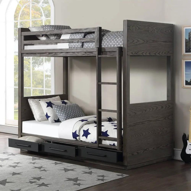 Estevon - Twin Over Twin Bunk Bed With Storage - Gray Oak by Unique Piece Furniture