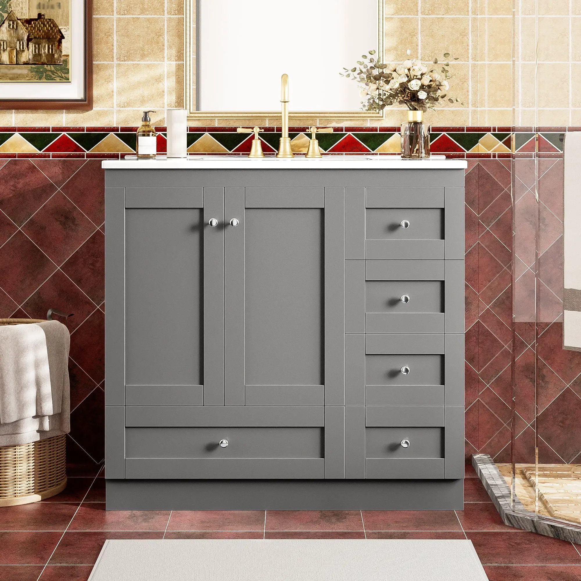 Shaker Free Standing Bathroom Vanity Cabinet & Sink, Soft Close Drawers, Soft Close Doors by HouseOfZazla
