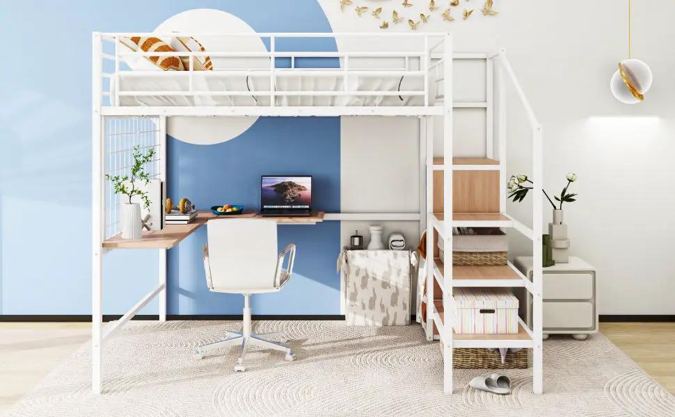 Loft Bed With Desk And Grid, Stylish Frame With Lateral Storage Ladder And Wardrobe by HouseOfZazla